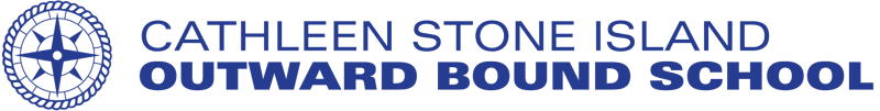 The image displays the logo of the Cathleen Stone Island Outward Bound School. The logo features a circular design on the left and the school's name in a bold, blue font. The text is arranged in two lines, with the school's name above the words 'Outward Bound School'. The background is black.